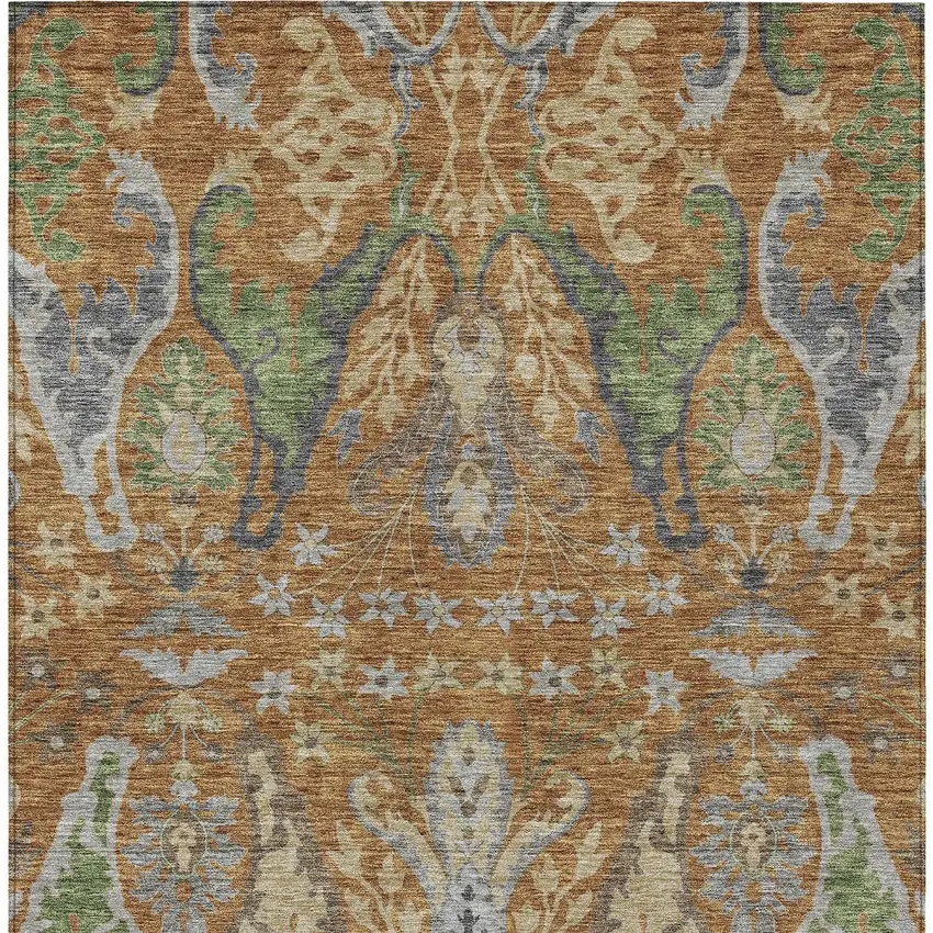 Copper Green And Beige Floral Washable Indoor Outdoor Area Rug Photo 7