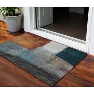 Photo of Copper Green And Gray Abstract Washable Indoor Outdoor Area Rug