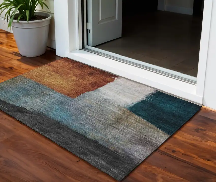 Copper Green And Gray Abstract Washable Indoor Outdoor Area Rug Photo 1