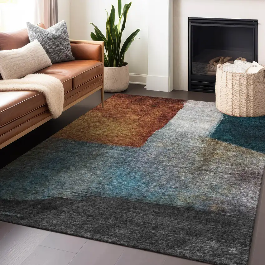 Copper Green And Gray Abstract Washable Indoor Outdoor Area Rug Photo 8