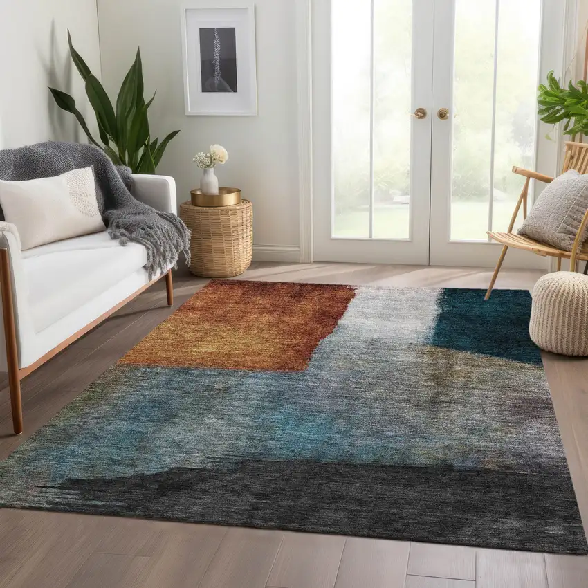 Copper Green And Gray Abstract Washable Indoor Outdoor Area Rug Photo 9