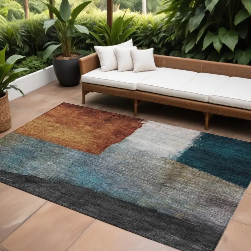 Copper Green And Gray Abstract Washable Indoor Outdoor Area Rug Photo 1