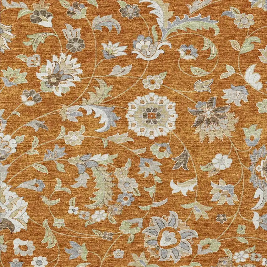 Copper Green And Gray Floral Washable Indoor Outdoor Area Rug Photo 6