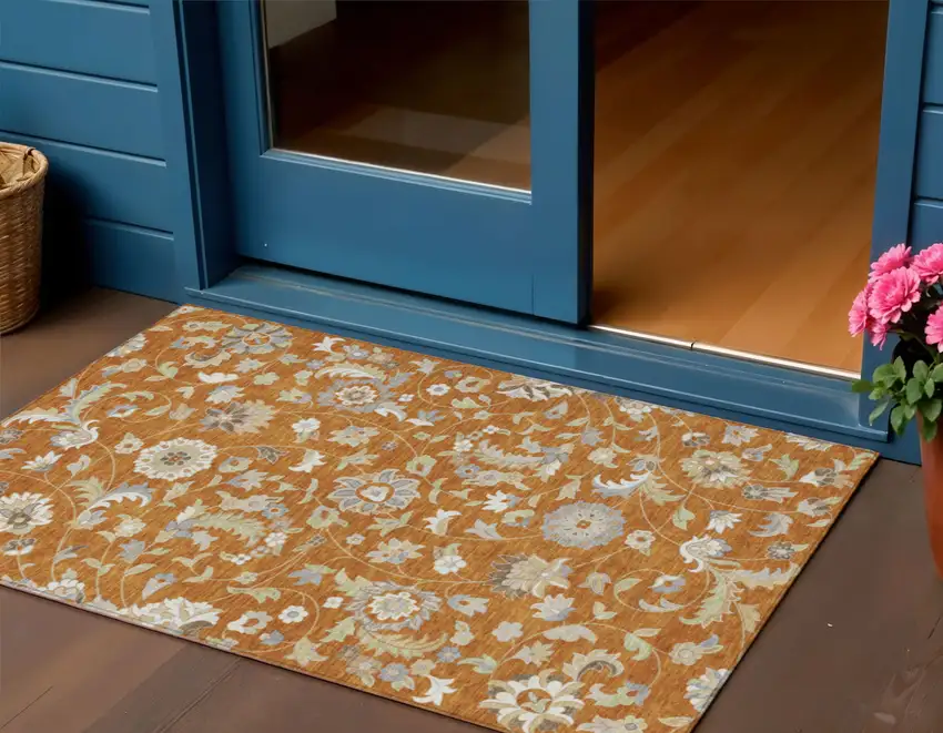 Copper Green And Gray Floral Washable Indoor Outdoor Area Rug Photo 1