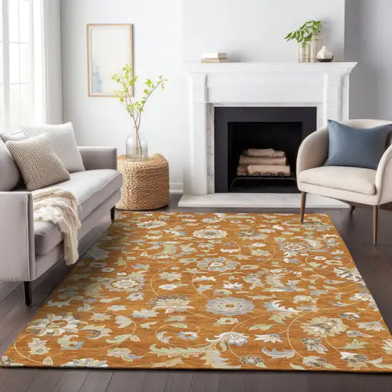 Copper Green And Gray Floral Washable Indoor Outdoor Area Rug Photo 9