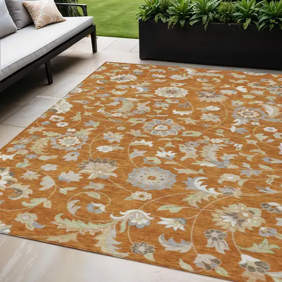 Copper Green And Gray Floral Washable Indoor Outdoor Area Rug Photo 1