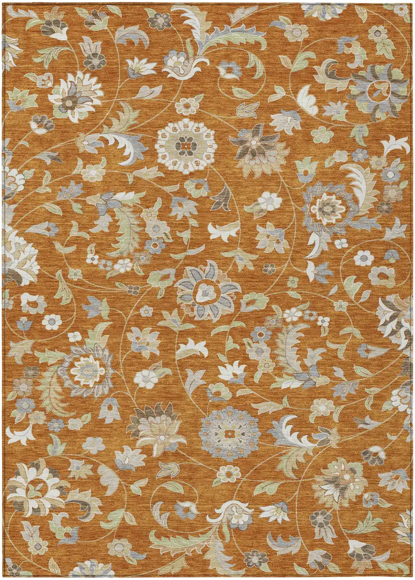 Copper Green And Gray Floral Washable Indoor Outdoor Area Rug Photo 2