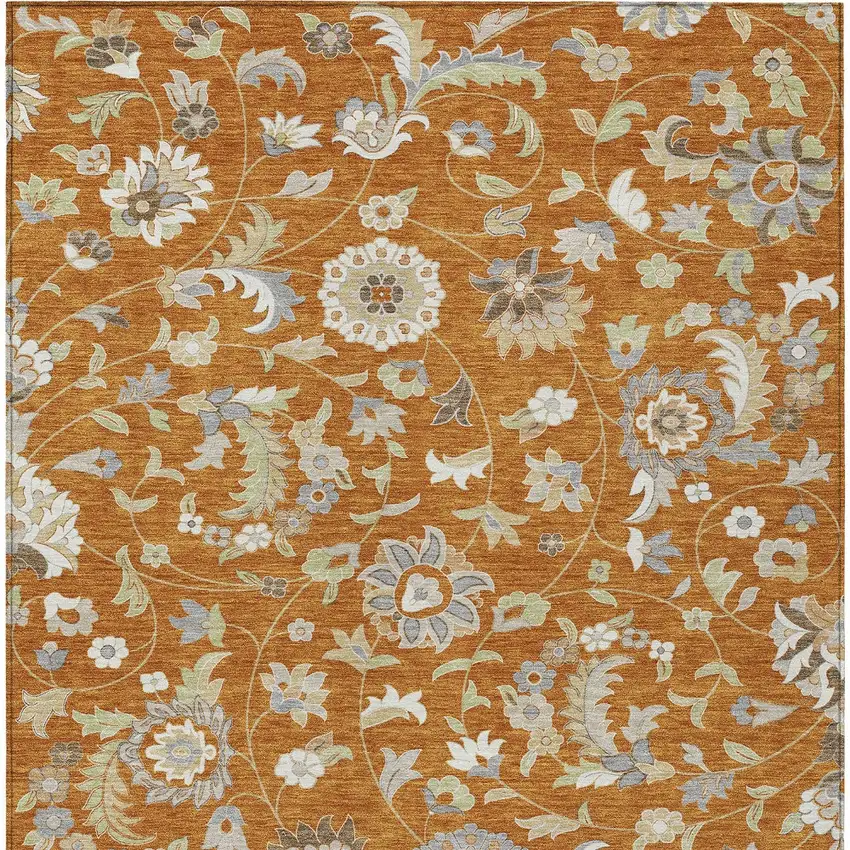 Copper Green And Gray Floral Washable Indoor Outdoor Area Rug Photo 7