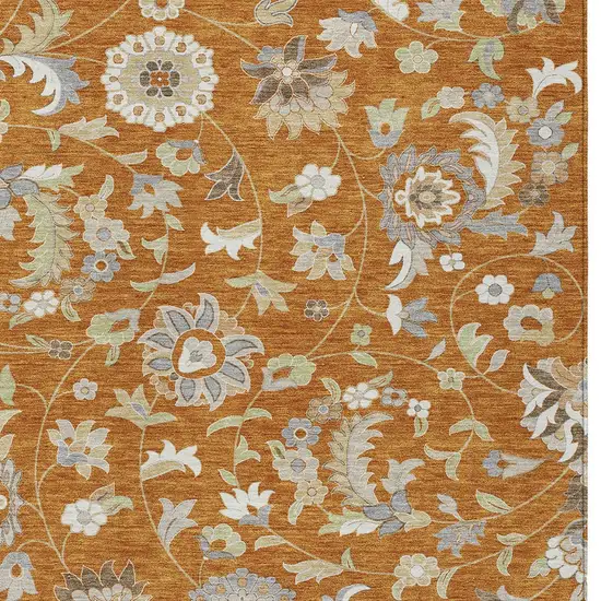 Copper Green And Gray Floral Washable Indoor Outdoor Area Rug Photo 6