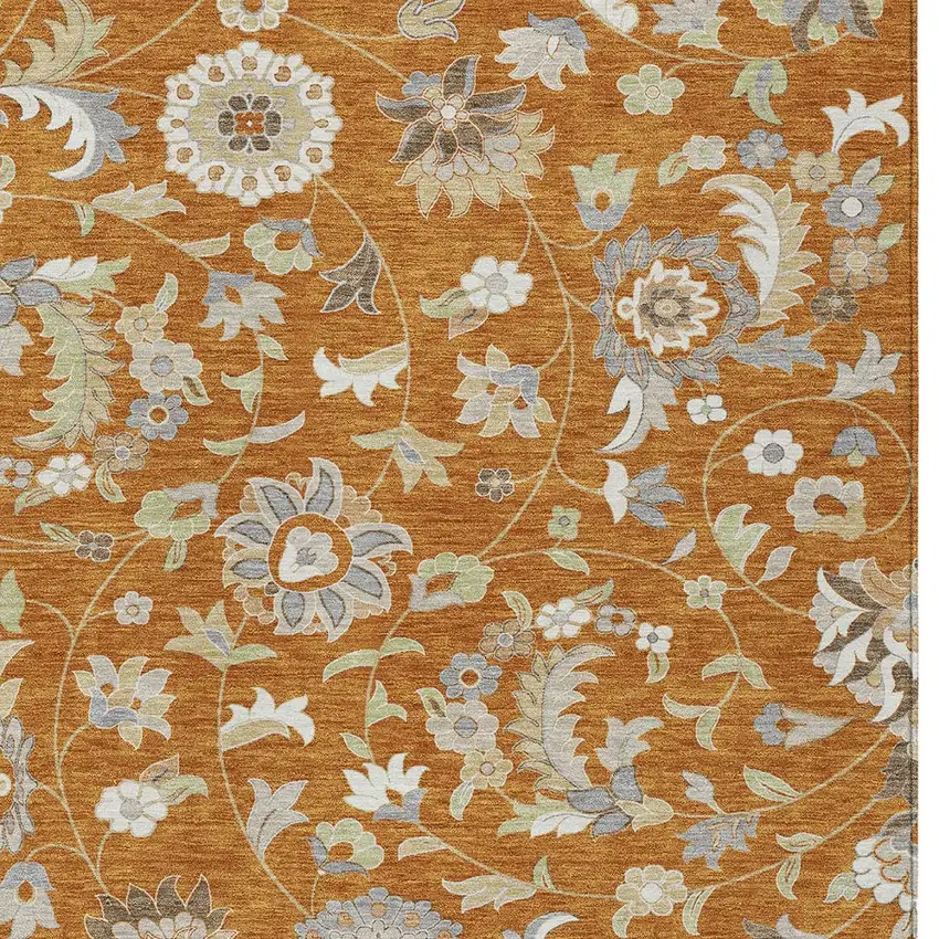 Copper Green And Gray Floral Washable Indoor Outdoor Area Rug Photo 6