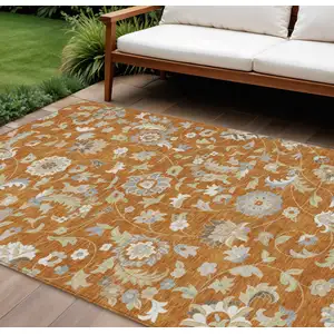 Photo of Copper Green And Gray Floral Washable Indoor Outdoor Area Rug