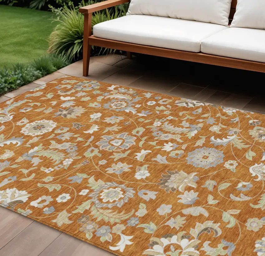 Copper Green And Gray Floral Washable Indoor Outdoor Area Rug Photo 1