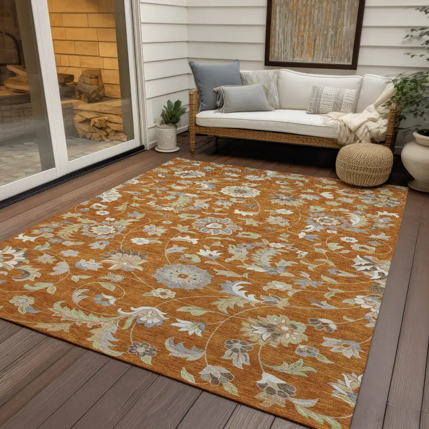 Copper Green And Gray Floral Washable Indoor Outdoor Area Rug Photo 8