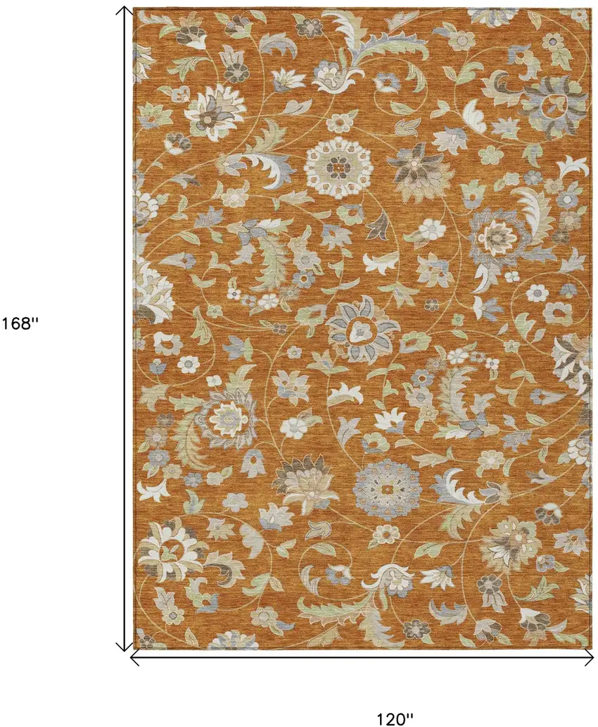 Copper Green And Gray Floral Washable Indoor Outdoor Area Rug Photo 3