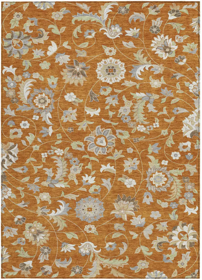Copper Green And Gray Floral Washable Indoor Outdoor Area Rug Photo 7