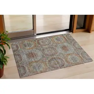 Photo of Copper Green And Gray Geometric Washable Indoor Outdoor Area Rug