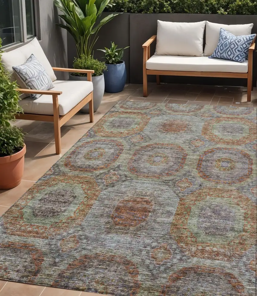 Copper Green And Gray Geometric Washable Indoor Outdoor Area Rug Photo 1