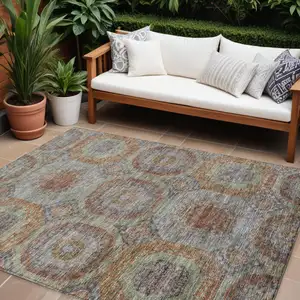 Photo of Copper Green And Gray Geometric Washable Indoor Outdoor Area Rug