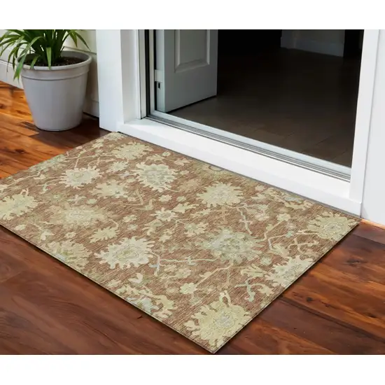 Copper Green And Ivory Floral Washable Indoor Outdoor Area Rug Photo 1