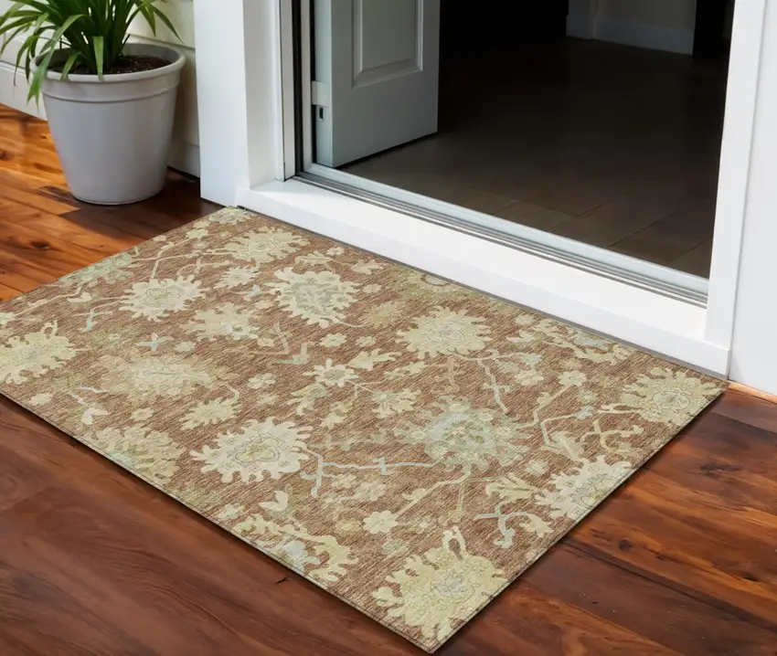 Copper Green And Ivory Floral Washable Indoor Outdoor Area Rug Photo 1
