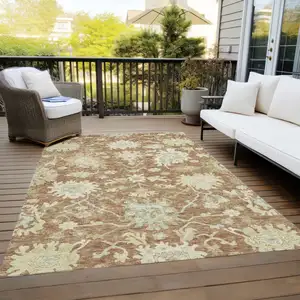 Photo of Copper Green And Ivory Floral Washable Indoor Outdoor Area Rug