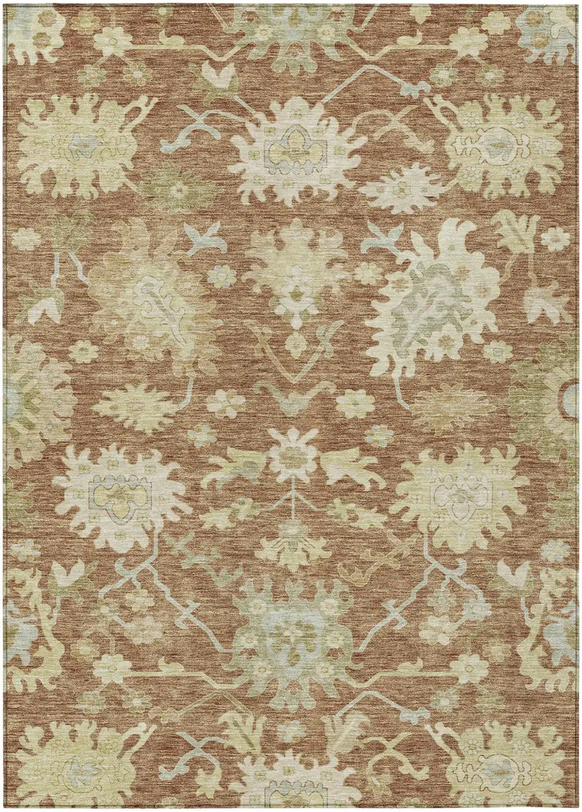Copper Green And Ivory Floral Washable Indoor Outdoor Area Rug Photo 2