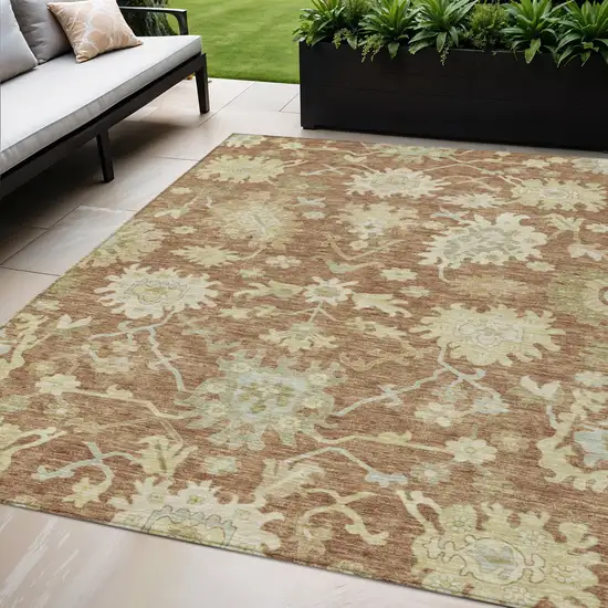 Copper Green And Ivory Floral Washable Indoor Outdoor Area Rug Photo 1