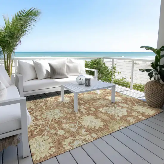 Copper Green And Ivory Floral Washable Indoor Outdoor Area Rug Photo 7