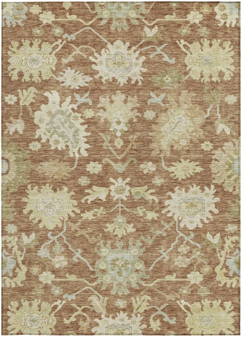 Copper Green And Ivory Floral Washable Indoor Outdoor Area Rug Photo 6