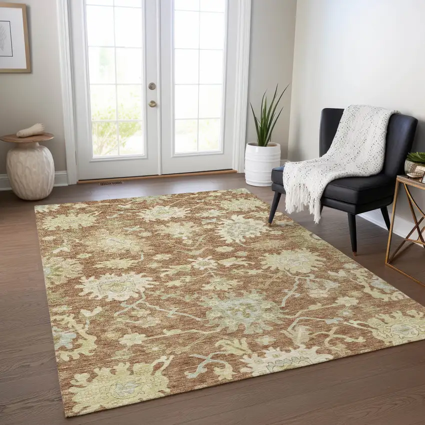 Copper Green And Ivory Floral Washable Indoor Outdoor Area Rug Photo 8