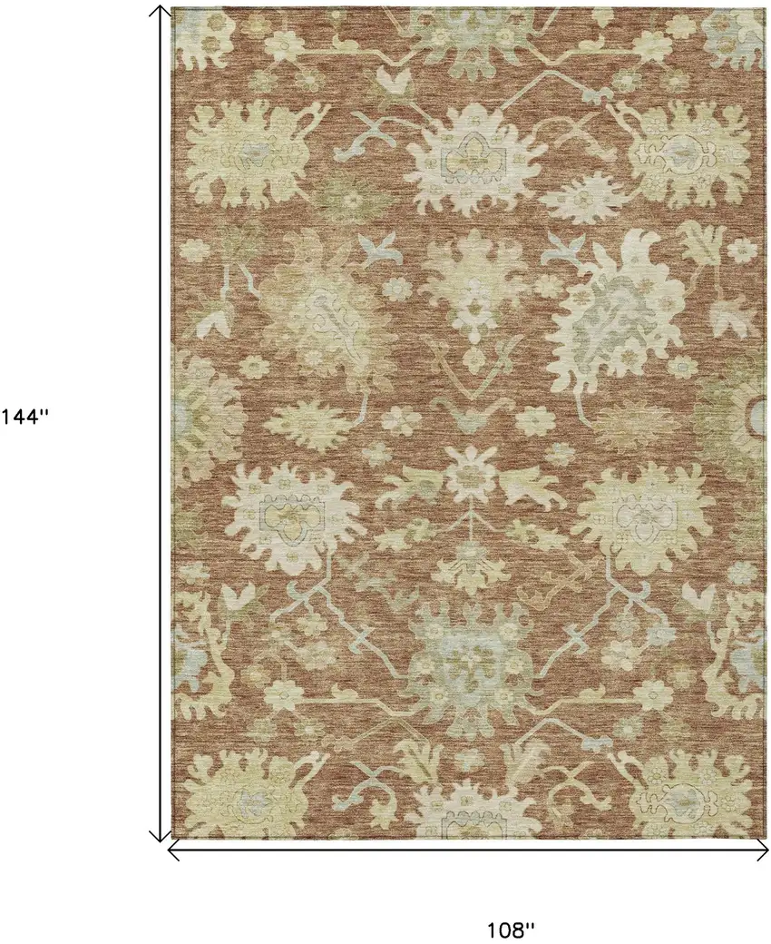 Copper Green And Ivory Floral Washable Indoor Outdoor Area Rug Photo 6