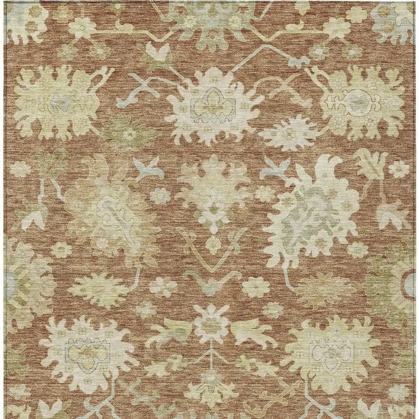 Copper Green And Ivory Floral Washable Indoor Outdoor Area Rug Photo 6