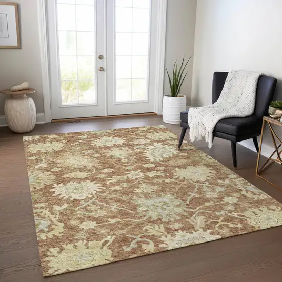 Copper Green And Ivory Floral Washable Indoor Outdoor Area Rug Photo 8