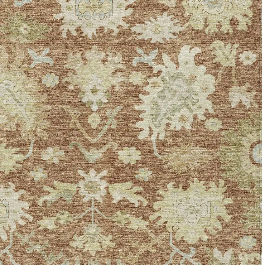 Copper Green And Ivory Floral Washable Indoor Outdoor Area Rug Photo 5