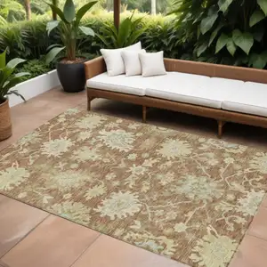 Photo of Copper Green And Ivory Floral Washable Indoor Outdoor Area Rug