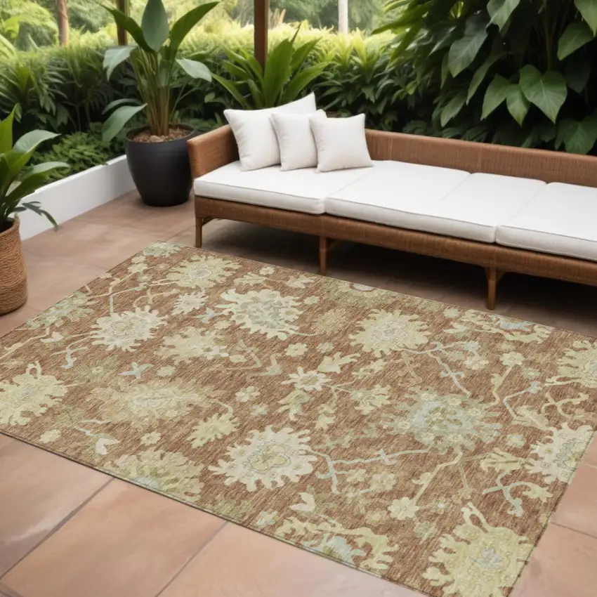 Copper Green And Ivory Floral Washable Indoor Outdoor Area Rug Photo 1