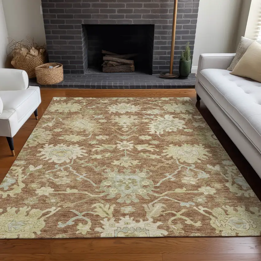 Copper Green And Ivory Floral Washable Indoor Outdoor Area Rug Photo 9