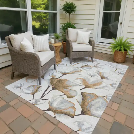 Copper Ivory And Beige Botanical Leaves Washable Indoor Outdoor Area Rug Photo 2