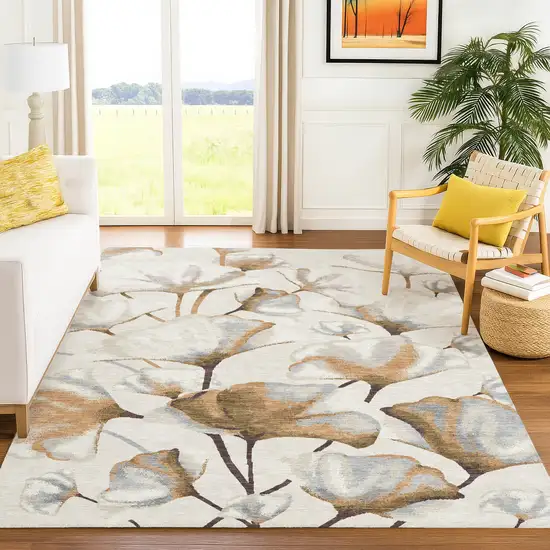 Copper Ivory And Beige Botanical Leaves Washable Indoor Outdoor Area Rug Photo 3
