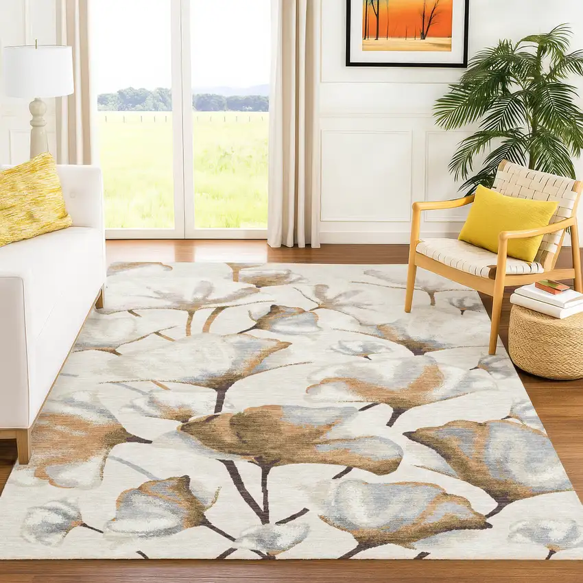 Copper Ivory And Beige Botanical Leaves Washable Indoor Outdoor Area Rug Photo 4