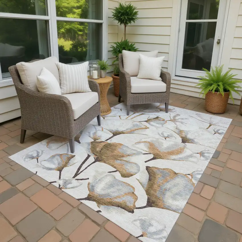 Copper Ivory And Beige Botanical Leaves Washable Indoor Outdoor Area Rug Photo 3