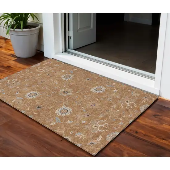 Copper Ivory And Black Floral Washable Indoor Outdoor Area Rug Photo 1