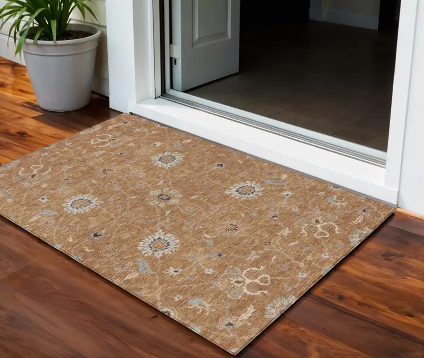 Copper Ivory And Black Floral Washable Indoor Outdoor Area Rug Photo 1