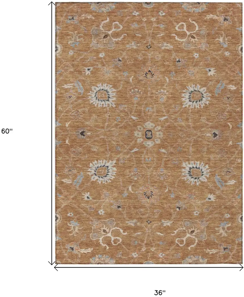Copper Ivory And Black Floral Washable Indoor Outdoor Area Rug Photo 8