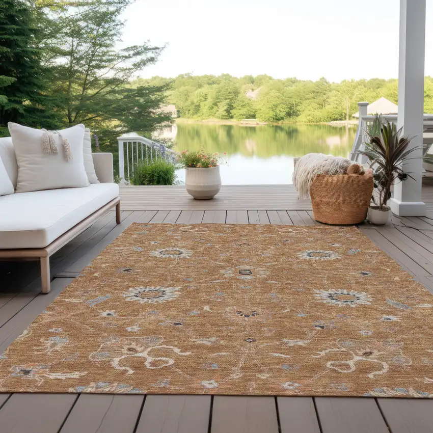 Copper Ivory And Black Floral Washable Indoor Outdoor Area Rug Photo 8