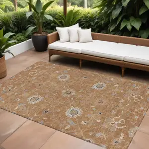 Photo of Copper Ivory And Black Floral Washable Indoor Outdoor Area Rug
