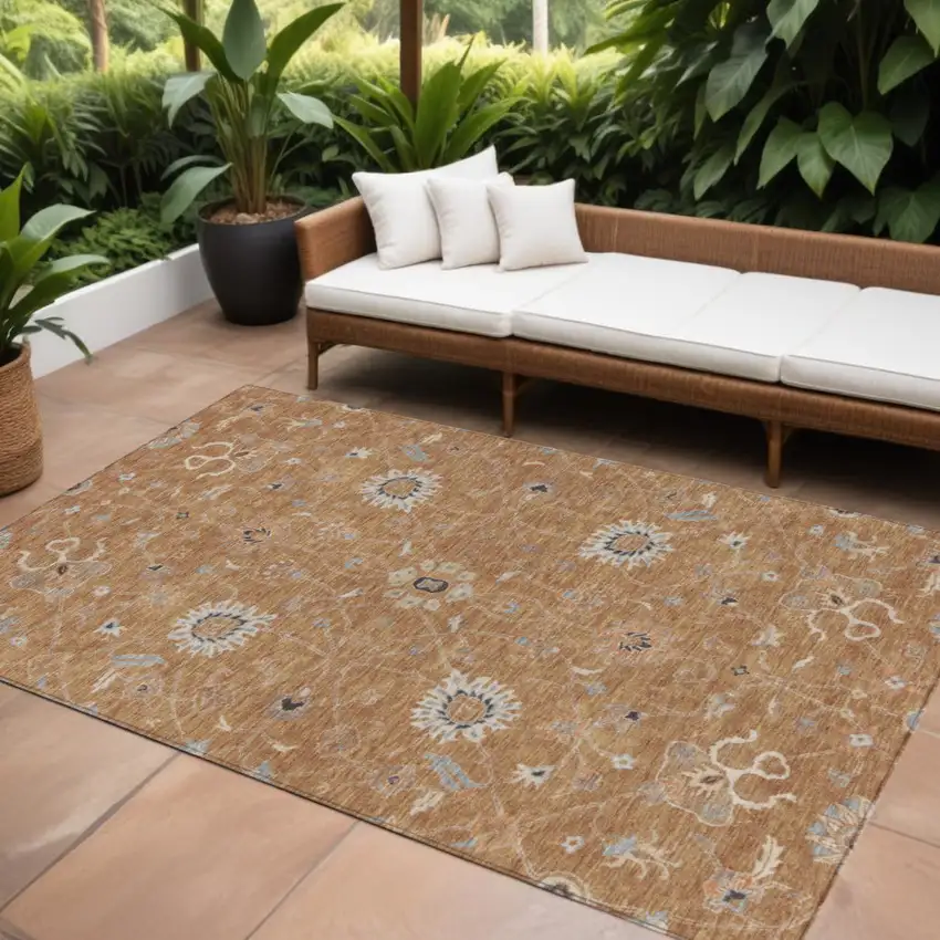 Copper Ivory And Black Floral Washable Indoor Outdoor Area Rug Photo 1