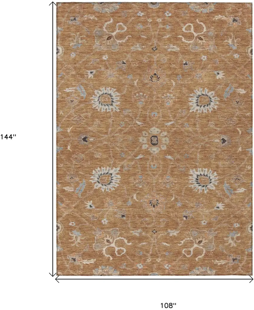 Copper Ivory And Black Floral Washable Indoor Outdoor Area Rug Photo 8