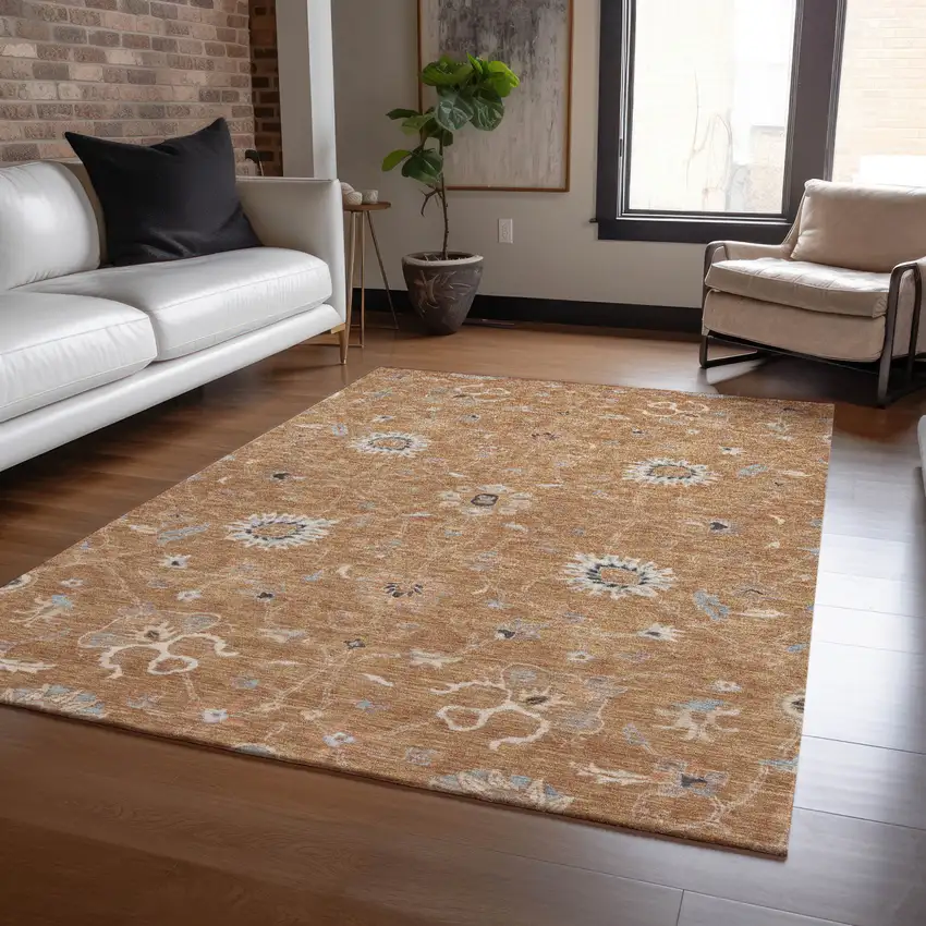 Copper Ivory And Black Floral Washable Indoor Outdoor Area Rug Photo 9