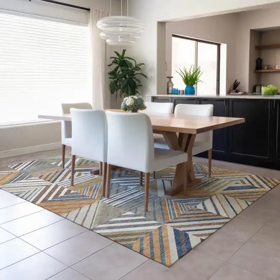 Copper Ivory And Blue Patchwork Washable Indoor Outdoor Area Rug Photo 6